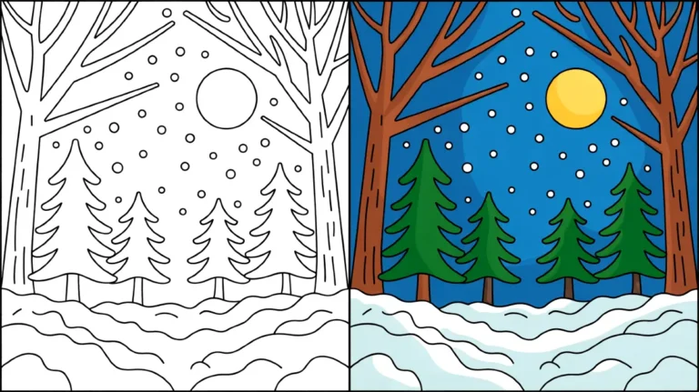 Winter coloring page featuring trees, snow, and a full moon in a snowy forest scene