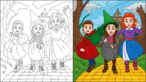 Wizard of oz coloring page: dorothy and friends on the yellow brick road