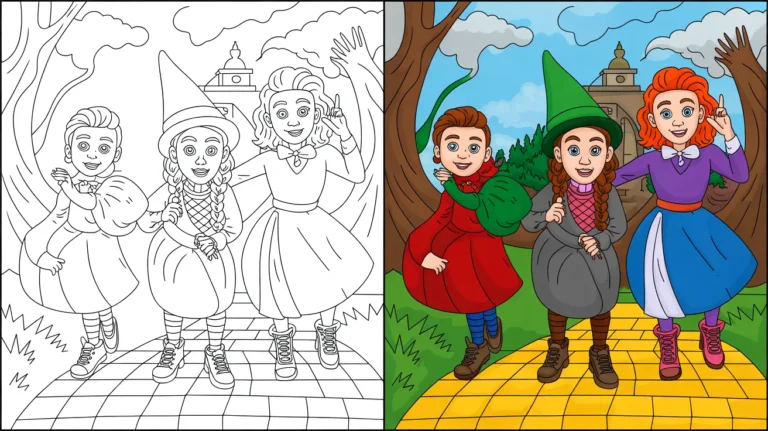 Wizard of oz coloring page: dorothy and friends on the yellow brick road
