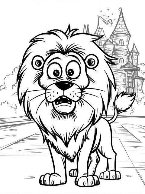 The cowardly lion from wizard of oz, timidly standing with a castle backdrop