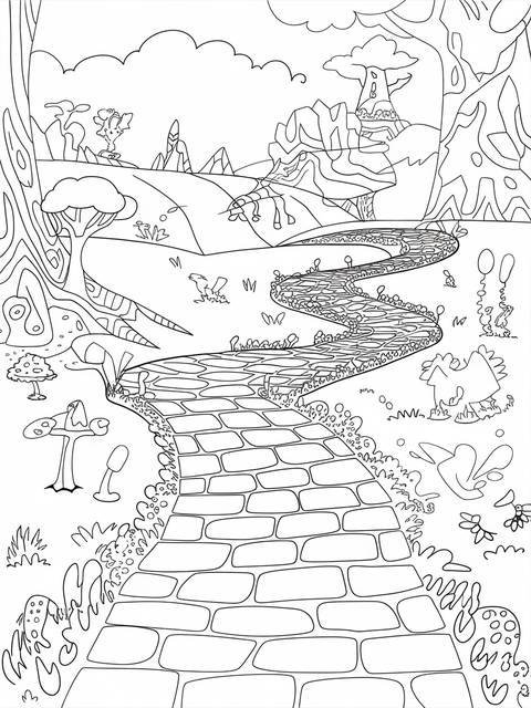 Black and white illustration of the yellow brick road from the wizard of oz