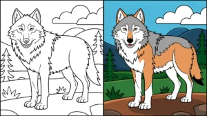 A coloring page of a wolf, with a colored version next to it