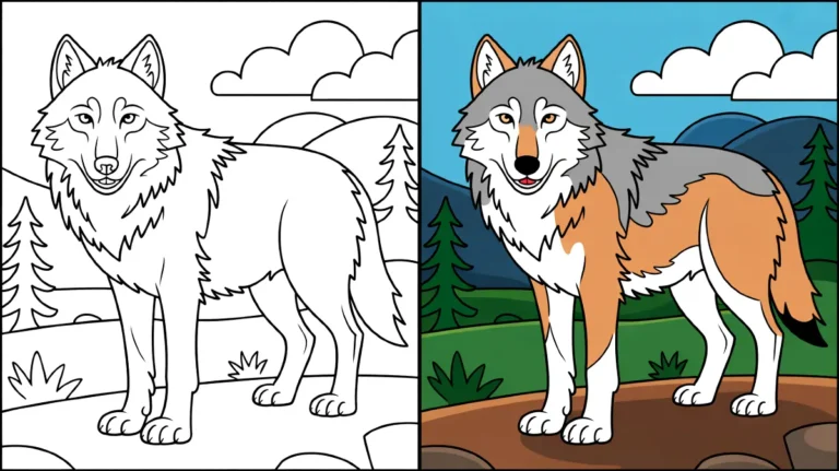 A coloring page of a wolf, with a colored version next to it