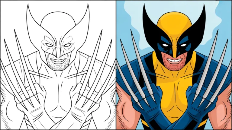 Wolverine coloring page: a two-panel image showing a colored and line art version