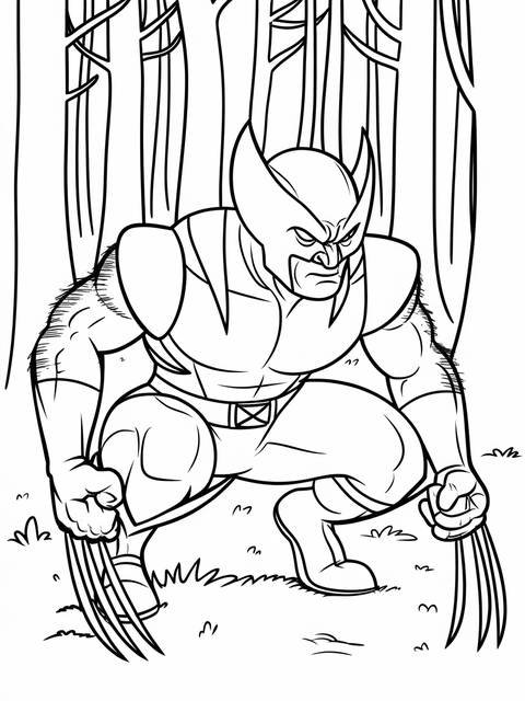 Wolverine crouched in a forest, claws extended, ready for action; coloring page
