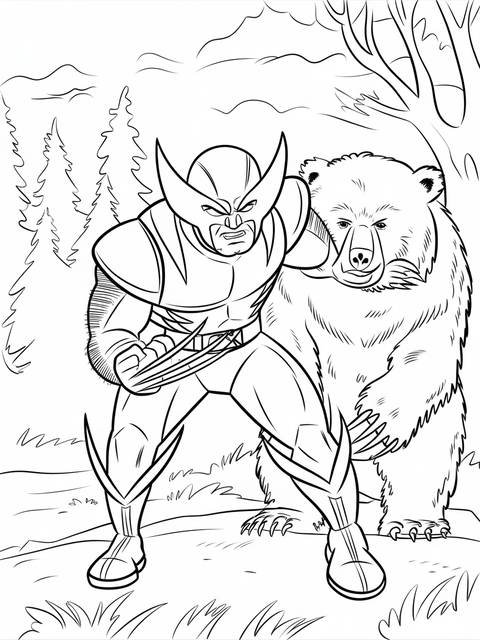 Wolverine, in a classic pose, stands with a bear in a canadian forest setting