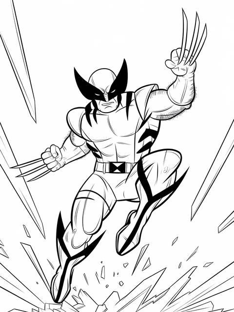 Wolverine in a dynamic action pose, claws extended, leaping through a shattered environment