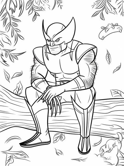 Wolverine sitting on a log, a coloring page from the cover of a comic book