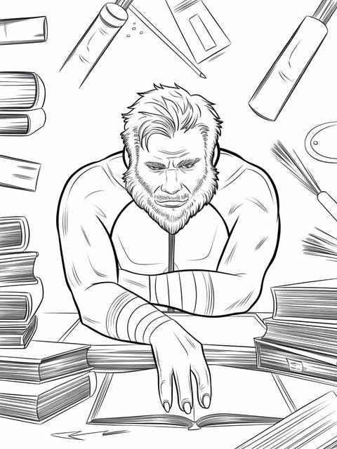 X-men's beast in a contemplative pose, surrounded by books and art supplies