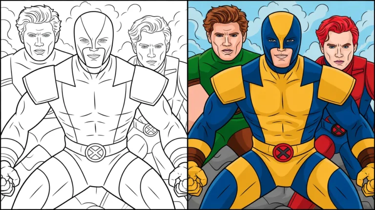 X-men coloring page: a two-panel image of the x-men, colored and uncolored
