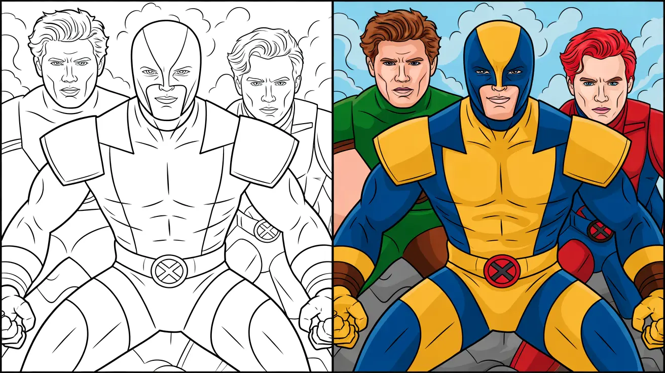X-men coloring page: a two-panel image of the x-men, colored and uncolored