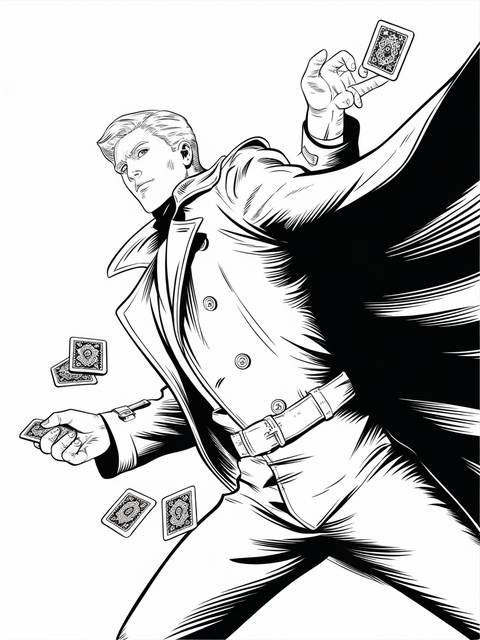 X-men's gambit throwing playing cards, a comic book illustration in black and white
