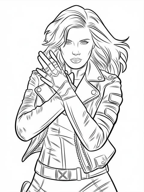 X-men rogue, absorbing powers, in a detailed black and white line art illustration