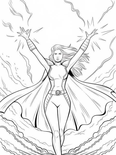 X-men's storm summoning lightning, arms raised, from a coloring page cover