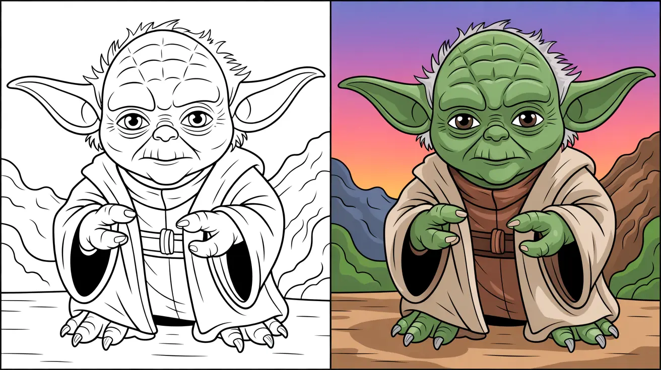 Yoda coloring page: a two-panel image of yoda, one colored, one outlined