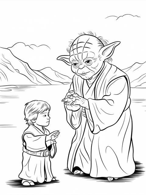 Line art of yoda and young luke skywalker, from star wars, interacting together