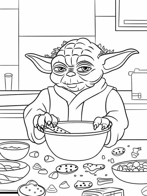Yoda baking cookies in a kitchen, stirring ingredients in a large bowl