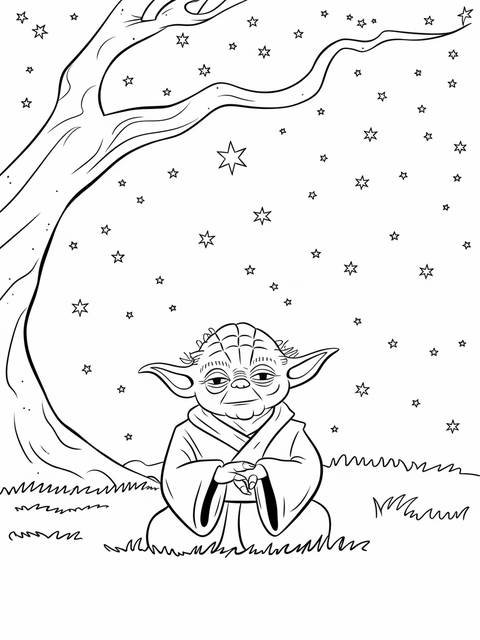 Yoda peacefully meditating under a tree, surrounded by stars, from the star wars saga