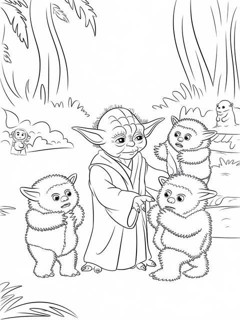 Yoda playfully engaging with a group of furry creatures in a coloring page