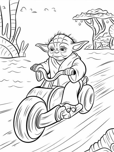 Yoda riding a speeder bike, a coloring page illustration from a star wars cover