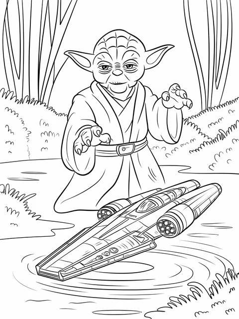Yoda using the force to lift a spaceship from the water, a star wars coloring page