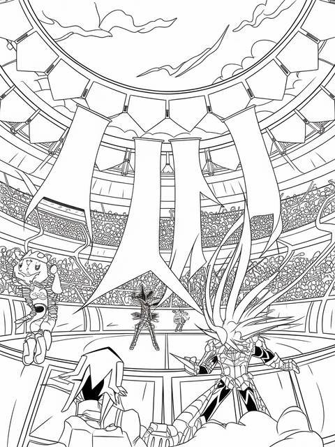 Yugioh duel arena coloring page, complete with banners and dueling monsters