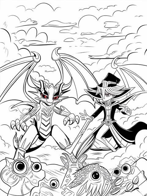 Yugioh duel monsters card coloring page featuring a dragon and a wizard in battle