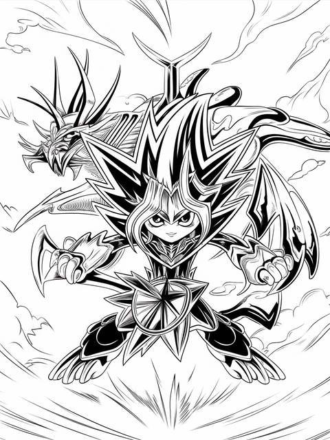 Yugioh fusion character illustration, featuring a detailed black and white design