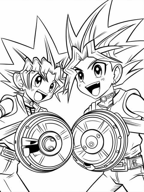 Yugioh duel scene coloring page featuring two anime characters holding duel disks