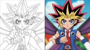 Yugioh coloring page: a two-panel image of yami yugi from the anime