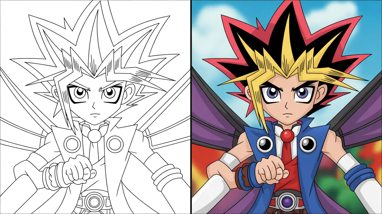 Yugioh coloring page: a two-panel image of yami yugi from the anime
