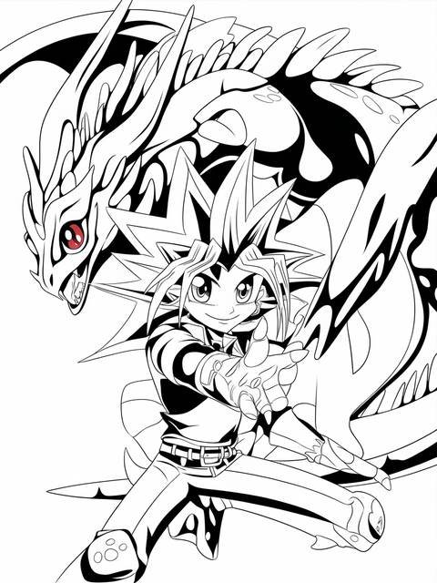Yugioh coloring page featuring joey wheeler with a dragon, ready to duel