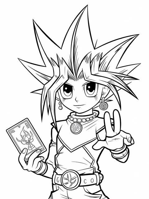 Line art of yugi muto from yu-gi-oh holding a card
