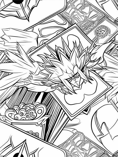 Line art of various yu-gi-oh! iconic spells and trap cards, ready for coloring