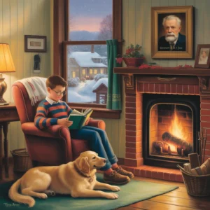 A boy reading by the fireplace with his dog in a norman rockwell style painting