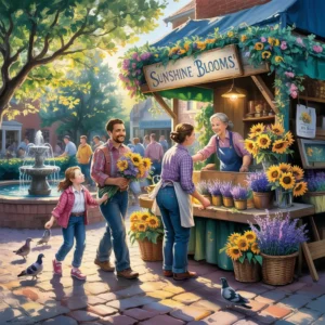 A family buys sunflowers at a sunshine blooms flower shop, reminiscent of thomas kinkade's style
