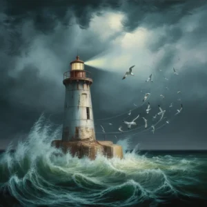 A lighthouse by michael dudas, with seagulls and crashing waves under a stormy sky
