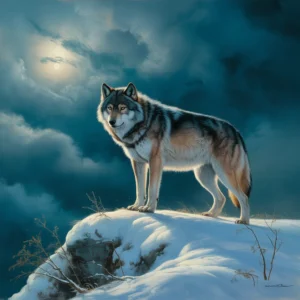A majestic wolf, in the style of michael dudas, stands on a snowy peak