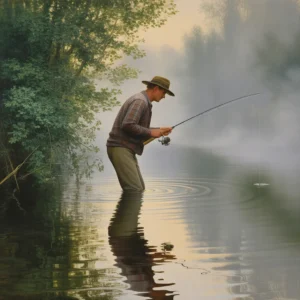 A man fishing in a lake, in the style of mort kunstler, with a fishing rod