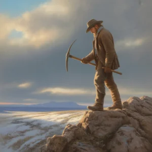 A painting in the style of morgan weistl depicts a miner on a mountain peak