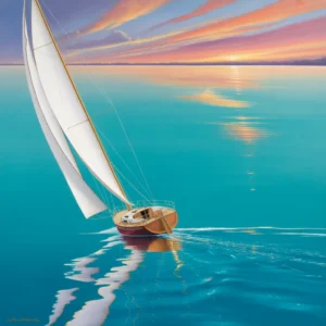 A steve hanks style painting of a sailboat sailing on calm, turquoise water at sunset