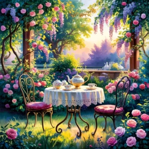 A thomas kinkade-style garden scene with a tea table, roses, and wisteria