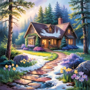 A thomas kinkade-style painting of a cozy cottage with a snowy path and flowers