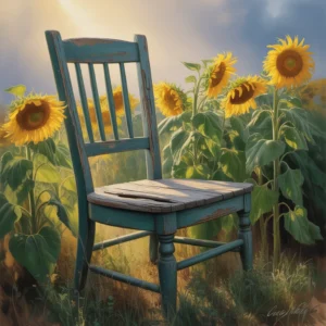 A weathered chair in a sunflower field, inspired by carl valente's painting style