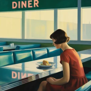 A woman in a diner, reminiscent of an edward hopper painting, contemplating her meal