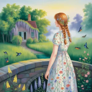 A woman in a floral dress stands on a bridge, near a cottage, in the style of p buckley moss