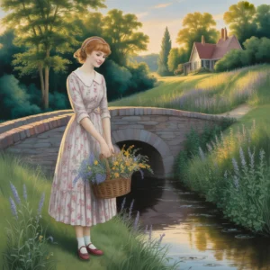 A woman with flowers by a stream, reminiscent of a p. buckley moss painting