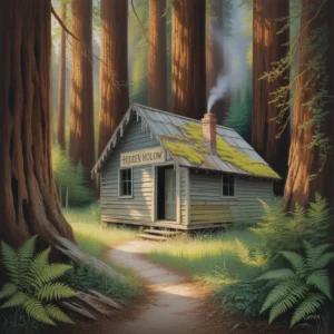 Bev doolittle-style painting of a hidden hollow cabin in a redwood forest