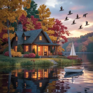 Cozy lakeside cabin with a sailboat, surrounded by autumn foliage and a tranquil lake