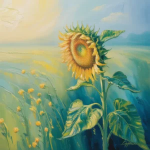 Impressionistic painting of a solitary sunflower in a field, capturing natural light and beauty